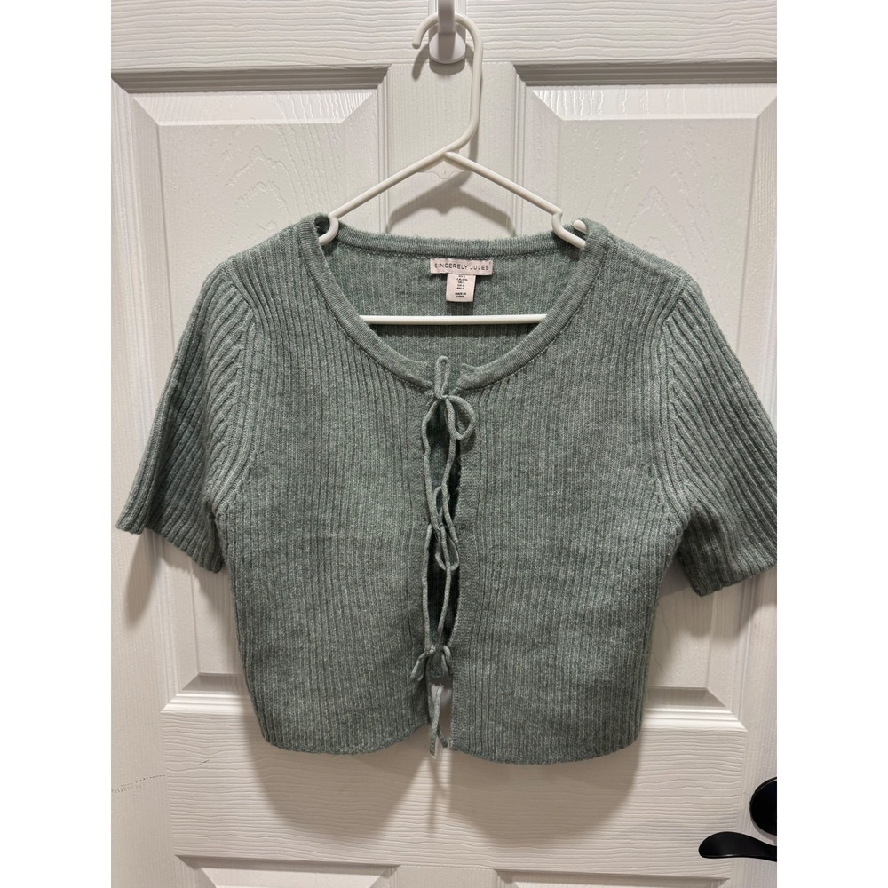 Sincerely Jules Ribbed Tie-Front Crop‎ Top Green Size L Short Sleeve